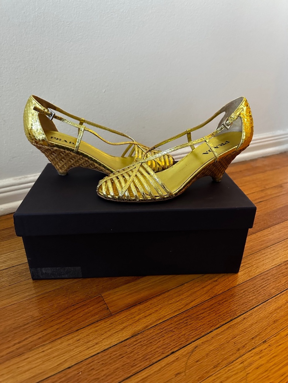 NWT Prada Gold Metallic Snakeskin Wedge Sandals | IT 36.5 / US 6.5
